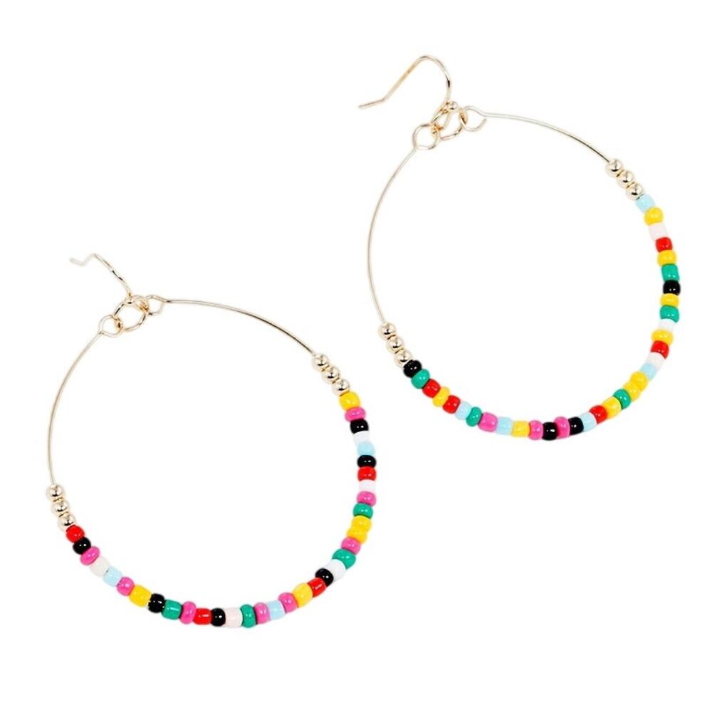 3/$15 Boho Multi Glass Beaded Round 2 inch Fishhook Earrings on Gold Tone Wire
